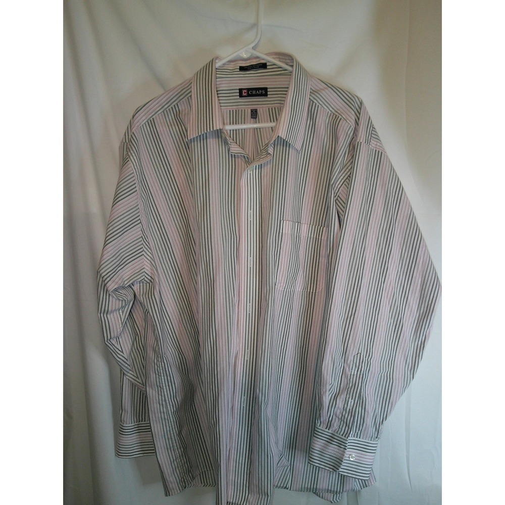 Chaps Striped Wrinkle Free Button Down Shirt Long Sleeve Pink Gray XXL 18-18.5